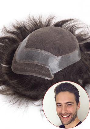 Custom French Lace Men’s Hair System Surrounded by Thin Skin Perimeter and Lace Front